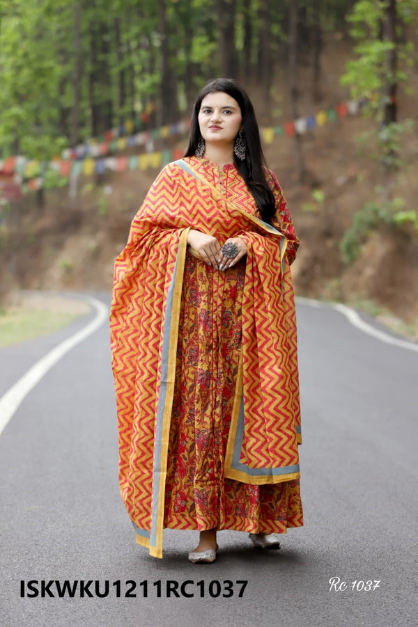 Printed Cotton Double Layer Kurti With Dupatta-ISKWKU1211RC1037