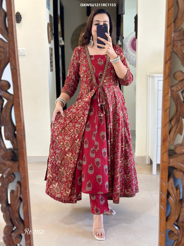 Printed Cotton Double Layer Kurti With Pant And Dupatta-ISKWSU1211RC1153