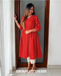 Embroidered Cotton A-Line Kurti With Pant-ISKWKU12116300