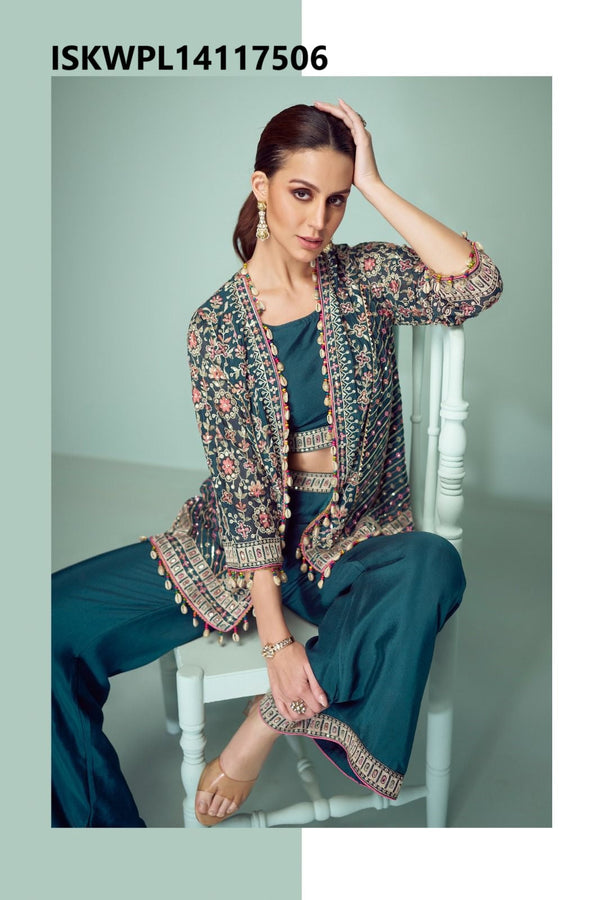 Chinon Crop Top With Palazzo And Embroidered Jacket-ISKWPL14117507/7506