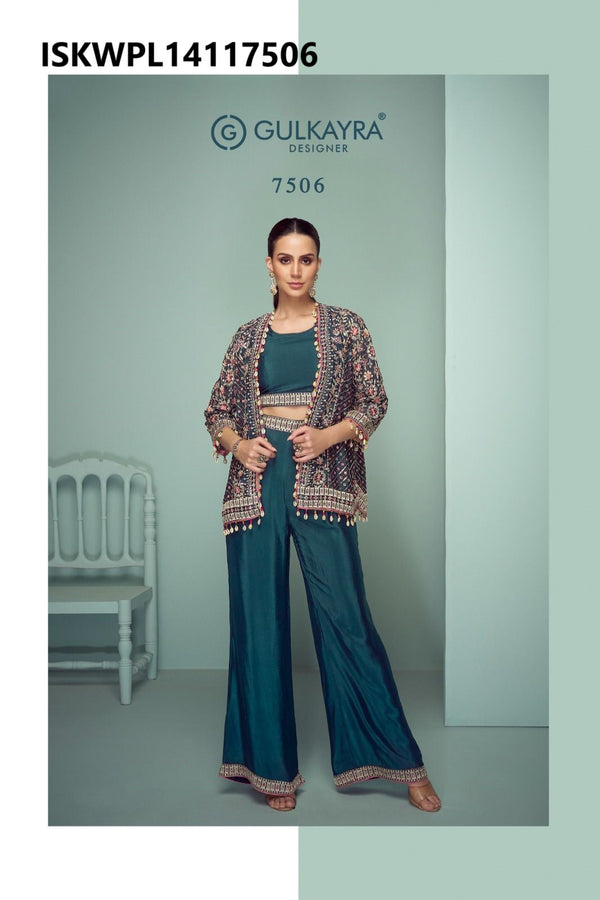 Chinon Crop Top With Palazzo And Embroidered Jacket-ISKWPL14117507/7506