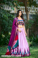 Foil Printed Tussar Silk Lehenga With Blouse And Dupatta-ISKWNAV14115640