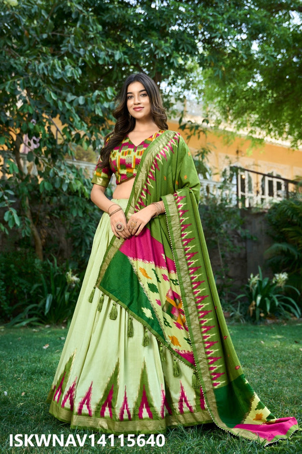 Foil Printed Tussar Silk Lehenga With Blouse And Dupatta-ISKWNAV14115640