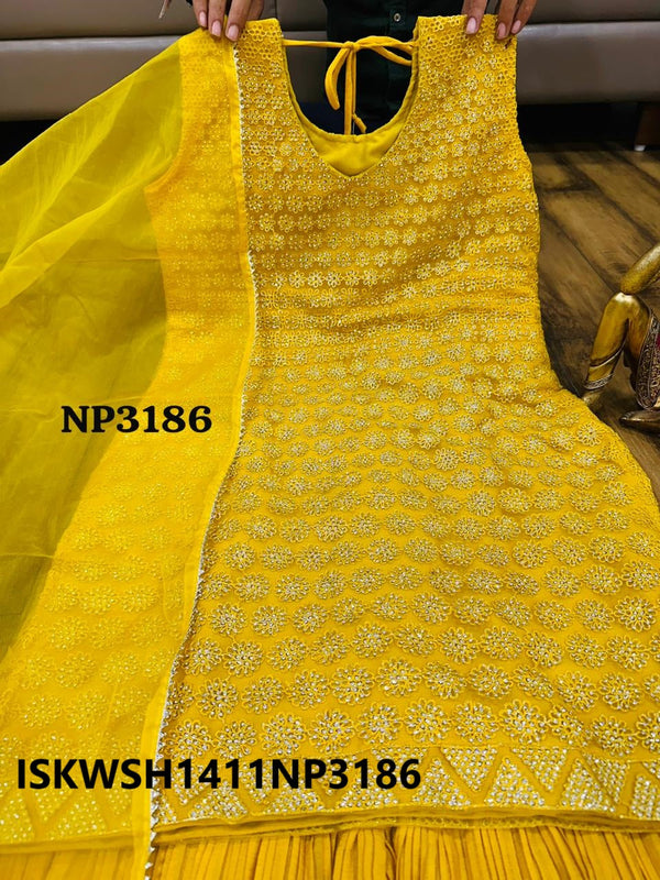 Embroidered Net Kurti With Pleated Sharara And Organza Dupatta-ISKWSH1411NP3186