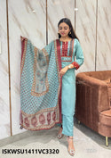 Handloom Cotton Kurti With Pant And Digital Printed Dupatta-ISKWSU1411VC3320