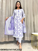 Block Printed Cotton Kurti With Pant And Malmal Cotton Dupatta-ISKWSU1411VC3322