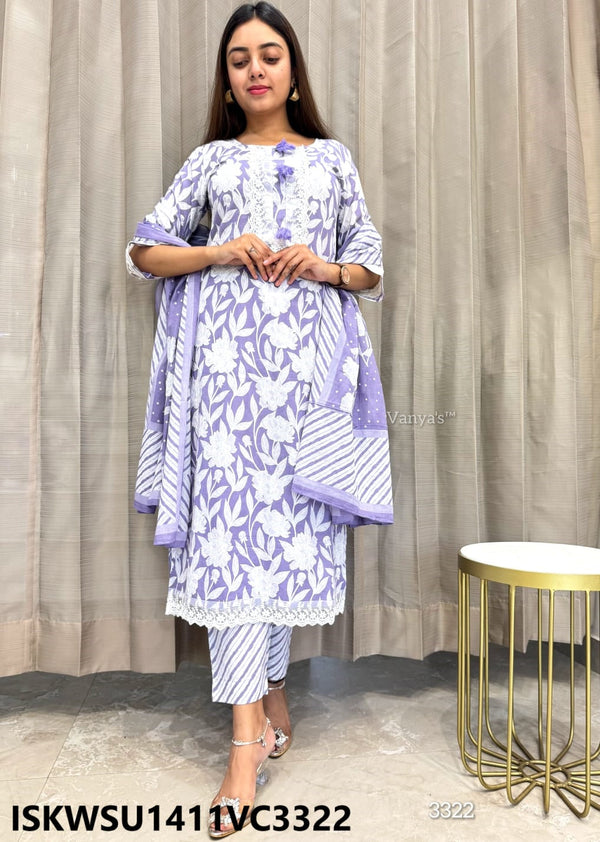 Block Printed Cotton Kurti With Pant And Malmal Cotton Dupatta-ISKWSU1411VC3322