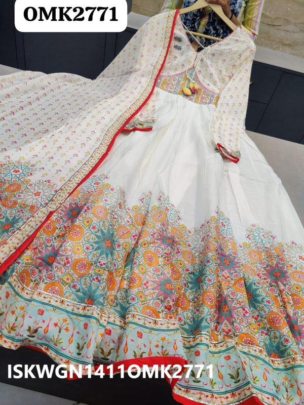 Digital Floral Printed Malmal Cotton Gown With Dupatta-ISKWGN1411OMK2771