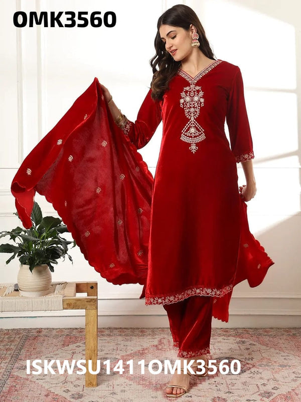 Embroidered Velvet Kurti With Pant And Dupatta-ISKWSU1411OMK3560