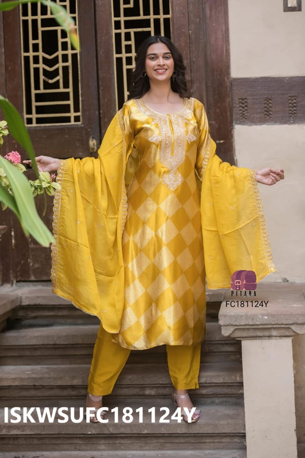 Embroidered Gaji Silk Kurti With Silk Pant And Organza Dupatta-ISKWSUFC181124Y