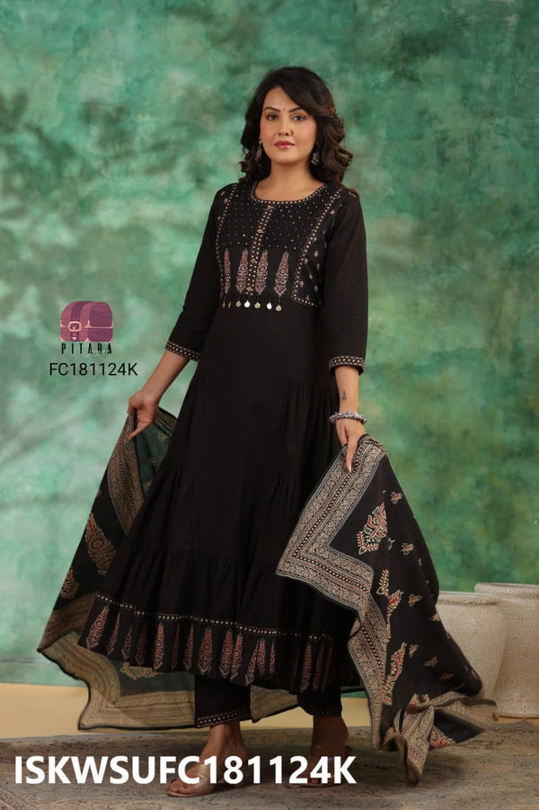 Sequined Cotton Flared Kurti With Pant And Printed Dupatta-ISKWSUFC181124K