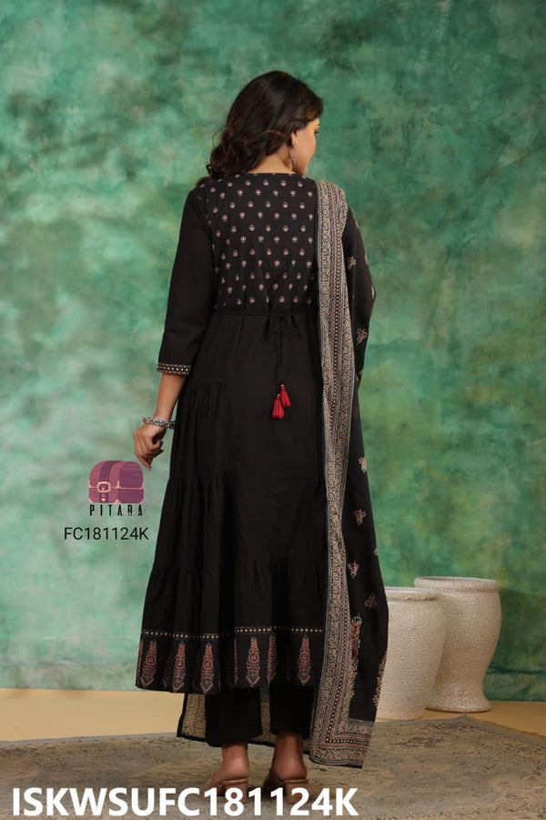 Sequined Cotton Flared Kurti With Pant And Printed Dupatta-ISKWSUFC181124K