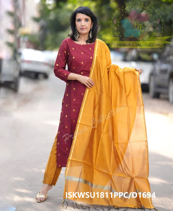 Handloom Weaved Silk Kurti With Silk Pant And Zari Dupatta-ISKWSU1811PPC/D1694