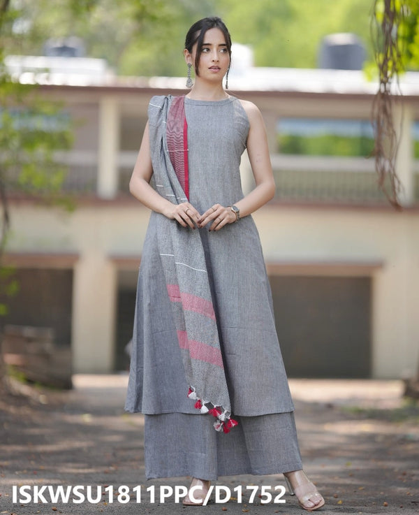 Handloom A-Line Kurti With Handloom Cotton Palazzo And Linen Dupatta-ISKWSU1811PPC/D1852