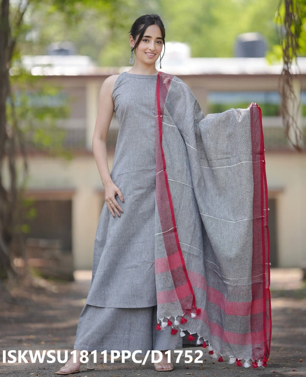 Handloom A-Line Kurti With Handloom Cotton Palazzo And Linen Dupatta-ISKWSU1811PPC/D1852