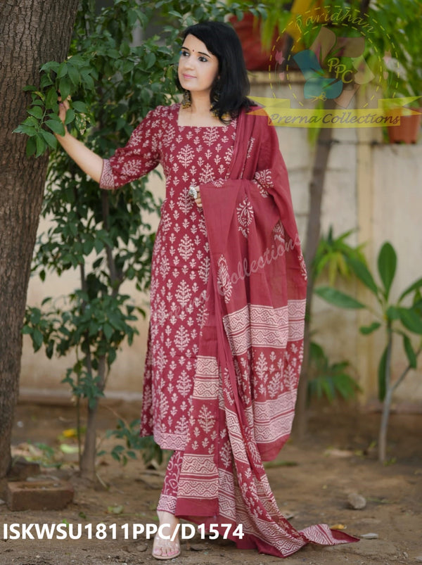 Hand Block Printed Cotton Kurti With Pant And Malmal Cotton Dupatta-ISKWSU1811PPC/D1574