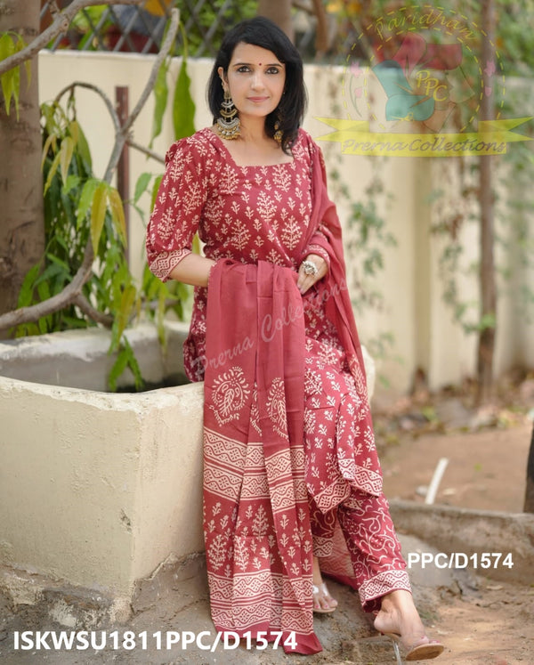 Hand Block Printed Cotton Kurti With Pant And Malmal Cotton Dupatta-ISKWSU1811PPC/D1574