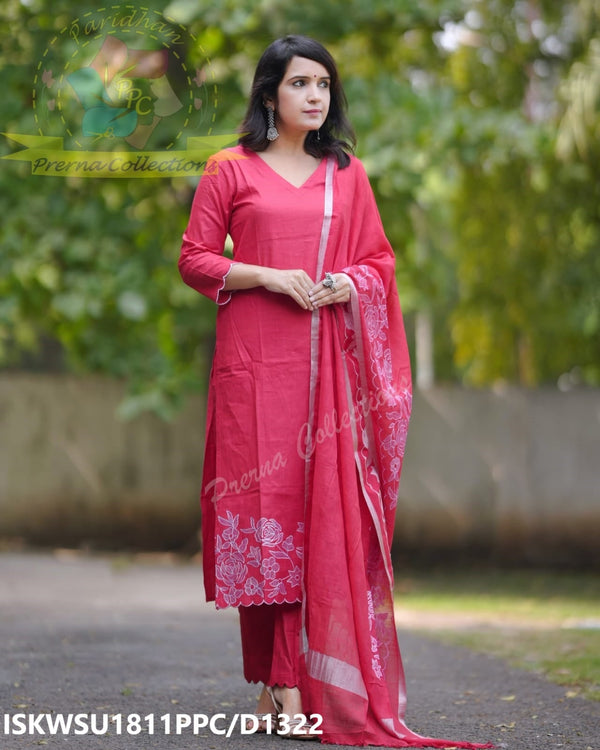 Hand Crafted Cotton Kurti With Handloom Cotton Pant And Handloom Dupatta-ISKWSU1810PPC/D1322