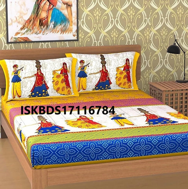 Jaipuri Printed Double Bed-Sheet With 2 Flap Pillow Cover Set-ISKBDS17116784