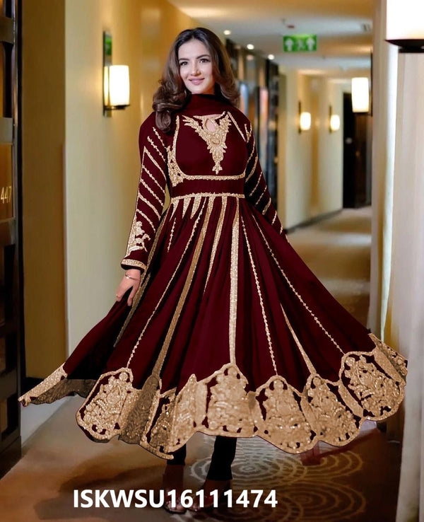 Embroidered Georgette Anarkali Kurti With Pant And Net Dupatta-ISKWSU16111474