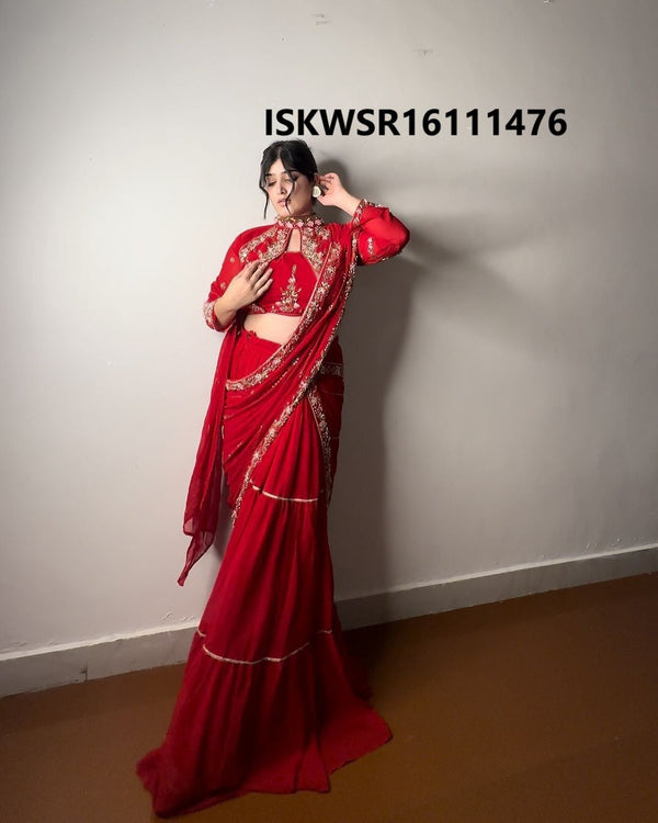 Embroidered Georgette Ready To Wear Saree With Blouse-ISKWSR16111476