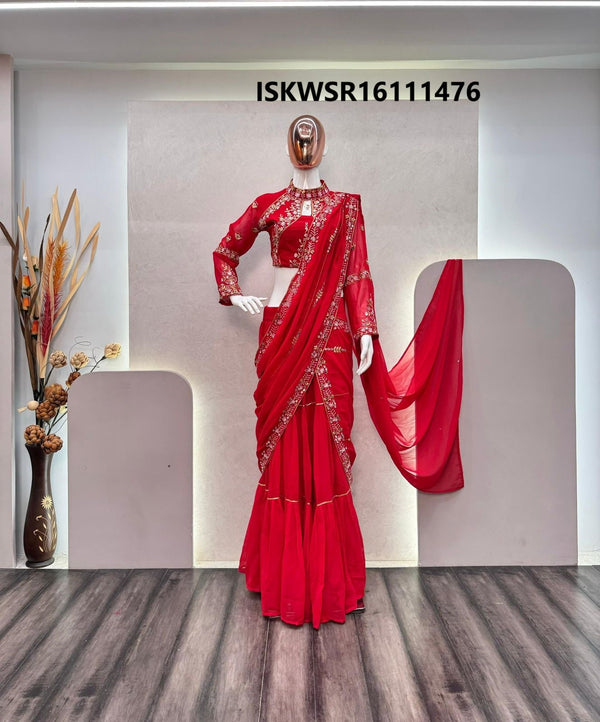 Embroidered Georgette Ready To Wear Saree With Blouse-ISKWSR16111476