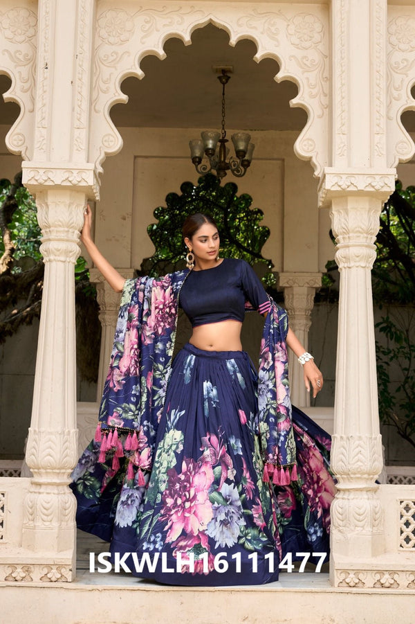 Floral Printed Tussar Silk Lehenga With Blouse And Dupatta-ISKWLH16111477