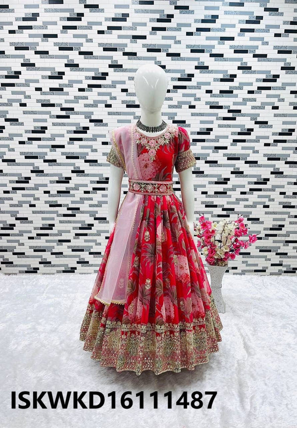 Kid's Digital Printed Georgette Gown With Net Dupatta-ISKWKD16111487