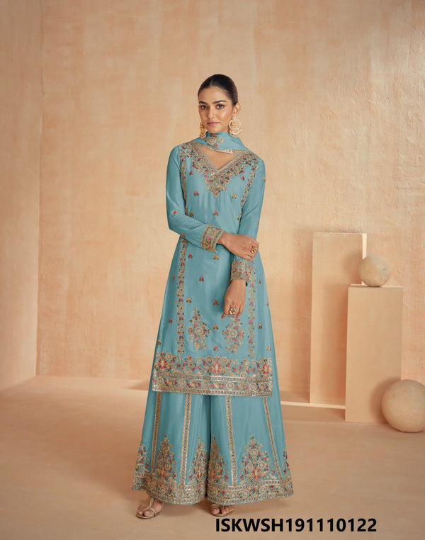 Embroidered Chinon Silk Kurti With Sharara And Dupatta-ISKWSH191110122