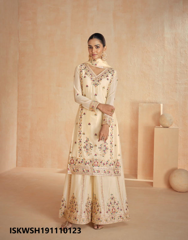 Embroidered Chinon Silk Kurti With Sharara And Dupatta-ISKWSH191110123