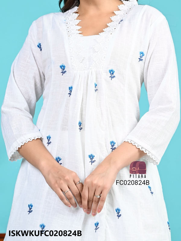 Embroidered Cotton Kurti With Schiffli Palazzo-ISKWKUFC020824B