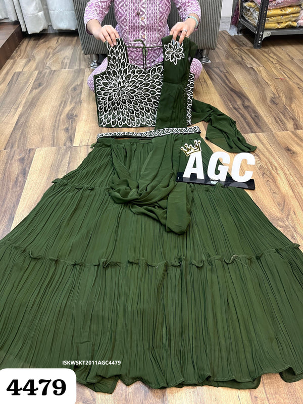 Georgette Skirt Attached With Drape And Embroidered Crop Top-ISKWSKT2011AGC4479