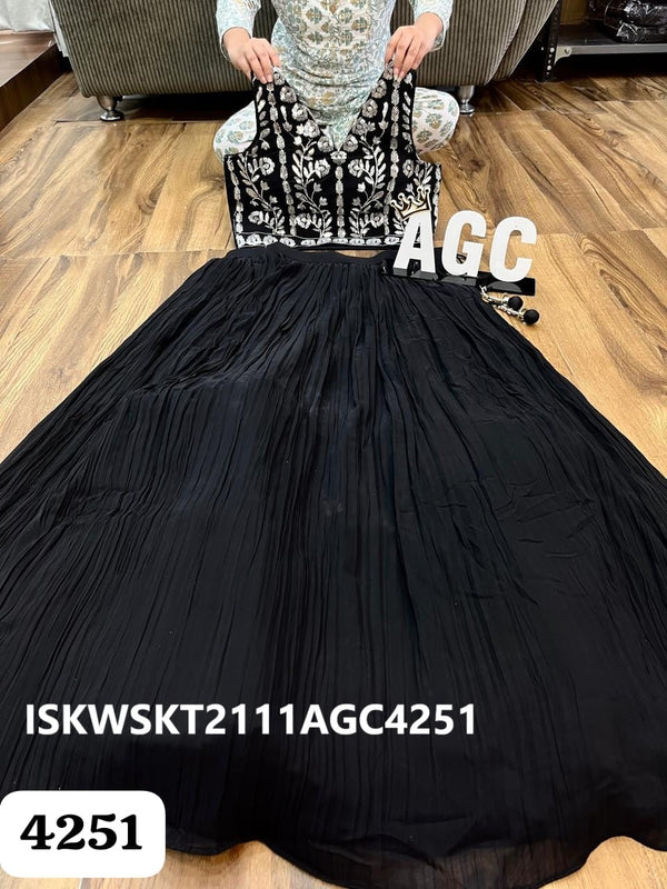 Embroidered Georgette Skirt With Crop Top And Shrug-ISKWSKT2111AGC4251