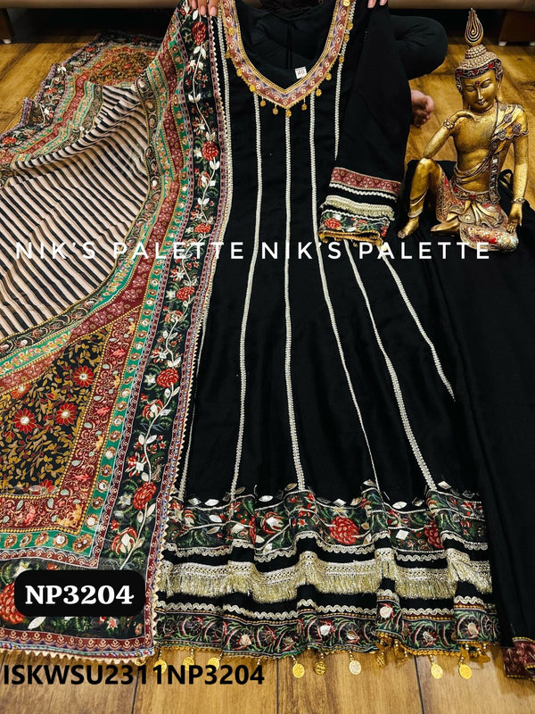 Sequined Silk Anarkali Kurti With Pant And Kalamkari Printed Dupatta-ISKWSU2311NP3204