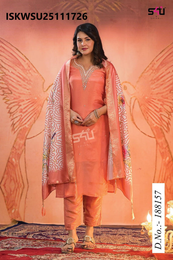 Embroidered Silk Kurti With Pant And Printed Dupatta-ISKWSU25111726