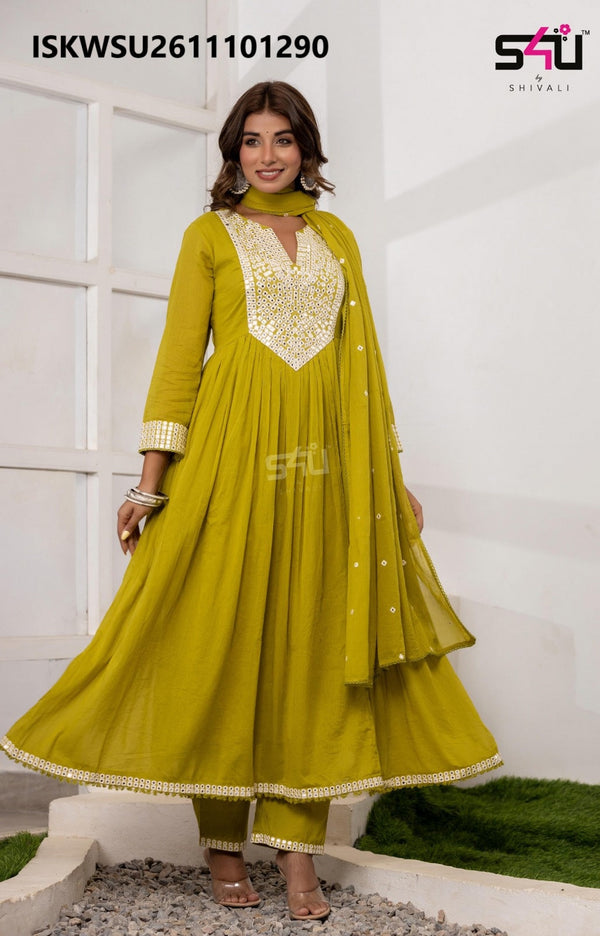 Embroidered Malmal Cotton Anarkali Kurti With Pant And Dupatta-ISKWSU2611101290