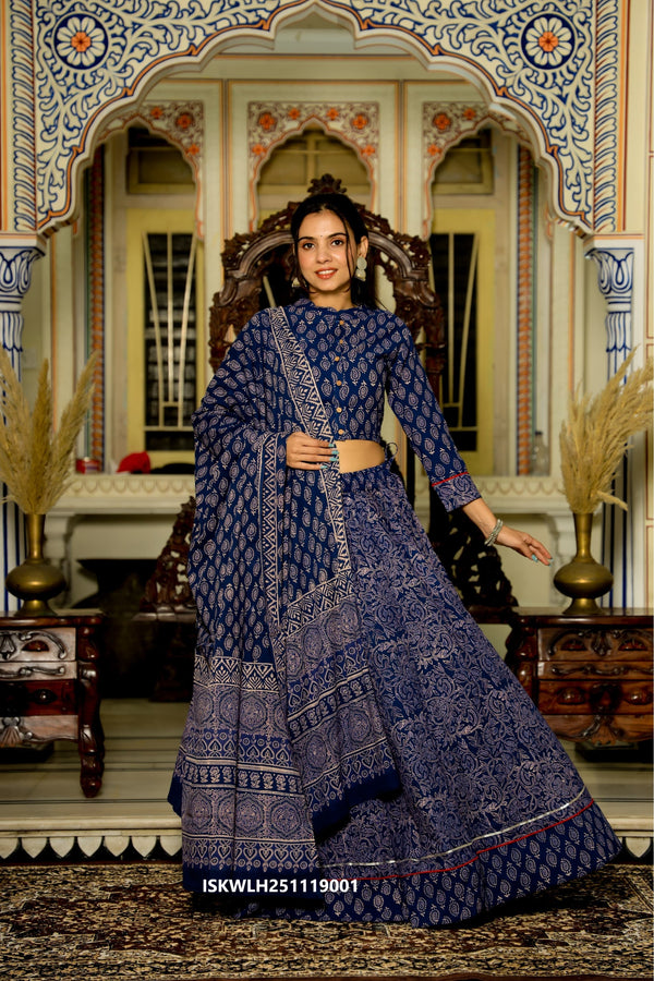 Bagru Hand Block Printed Cotton Lehenga With Blouse And Malmal Dupatta-ISKWLH251119001