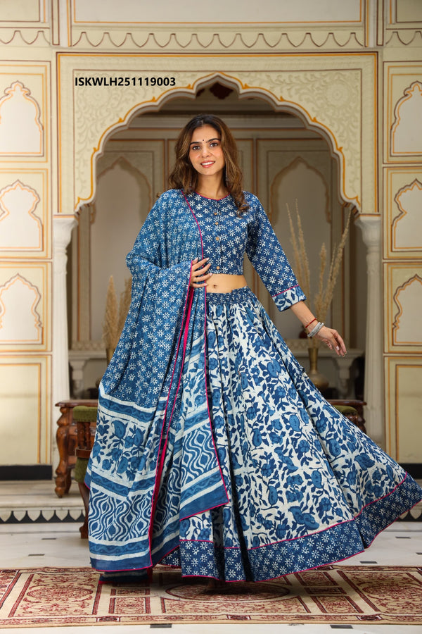 Bagru Hand Block Printed Cotton Lehenga With Blouse And Malmal Dupatta-ISKWLH251119003