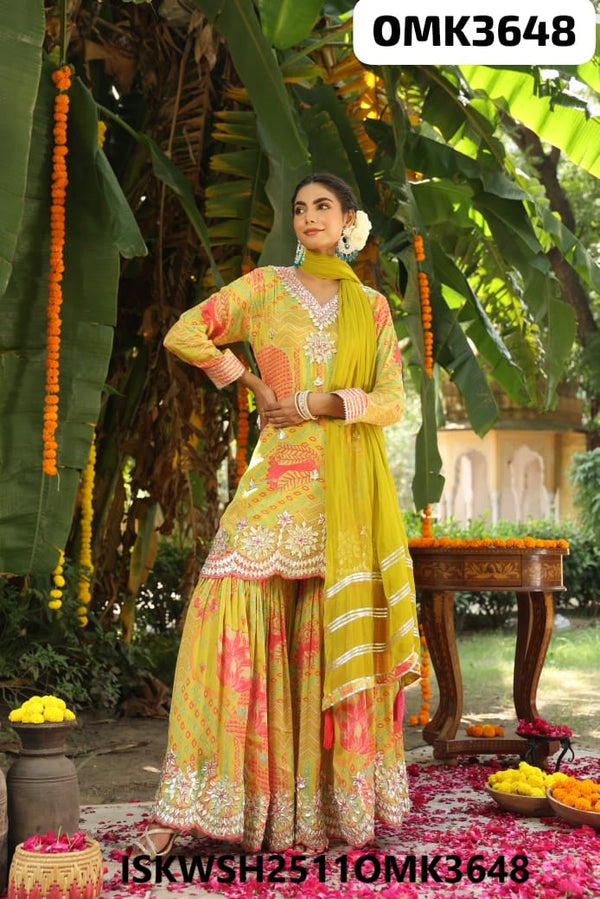 Floral Printed Chinon Kurti With Sharara And Dupatta-ISKWSH2511OMK3648