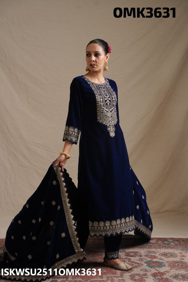 Embroidered Velvet Kurti With Pant And Dupatta-ISKWSU2511OMK3631