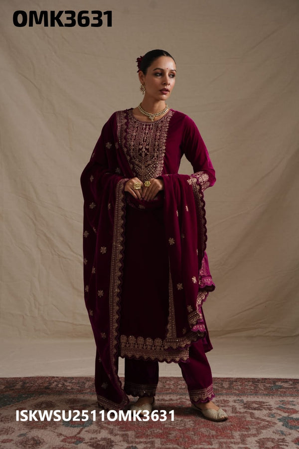 Embroidered Velvet Kurti With Pant And Dupatta-ISKWSU2511OMK3631