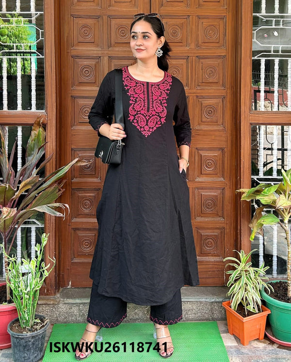 Embroidered Khadi Cotton Princess Cut A-Line Kurti With Pant-ISKWKU26118741