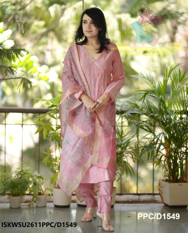 Chanderi Silk A-Line Kurti With Silk Pant And Kalamkari Printed Dupatta-ISKWSU2611PPC/D1549