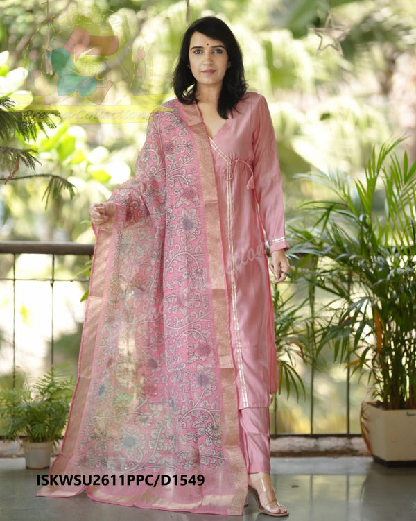 Chanderi Silk A-Line Kurti With Silk Pant And Kalamkari Printed Dupatta-ISKWSU2611PPC/D1549