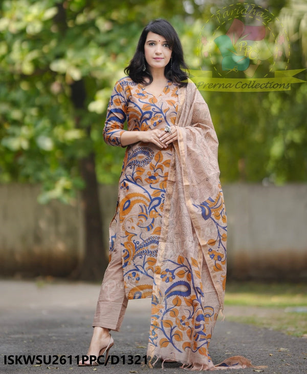 Kalamkari Printed Handloom Cotton Silk Kurti With Cotton Silk Pant And Dupatta-ISKWSU2611PPC/D1321