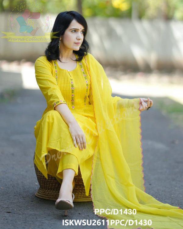 Embroidered Cotton Kurti With Pant And Kota Doriya Dupatta-ISKWSU2611PPC/D1430