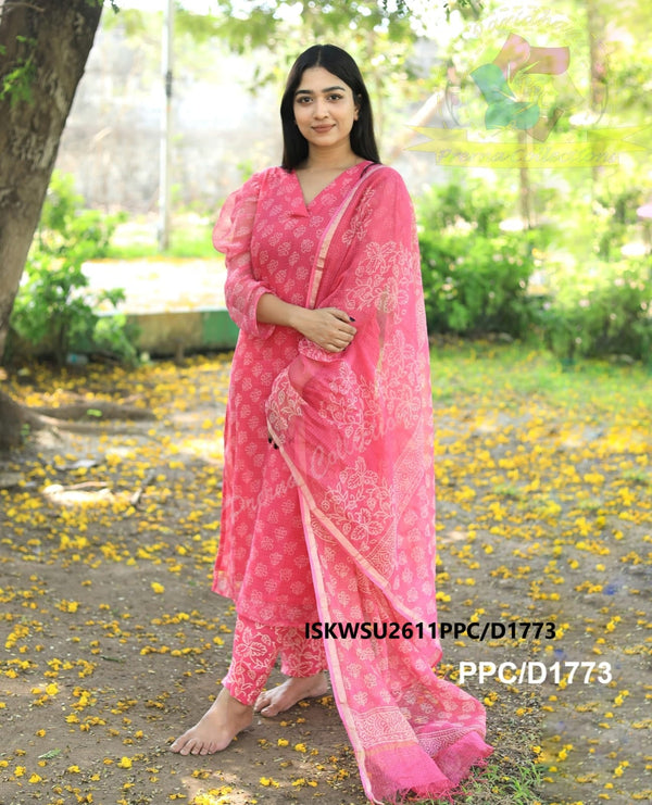 Hand Block Printed Kota Doriya Kurti With Pant And Dupatta-ISKWSU2611PPC/D1773