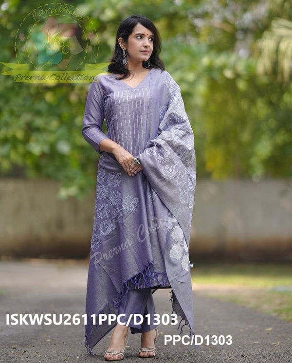 Emboidered Cotton Silk Kurti With Pant And Dupatta-ISKWSU2611PPC/D1303