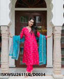 Embroidered Silk Kurti With Pant And Organza Dupatta-ISKWSU2611LG/D0034