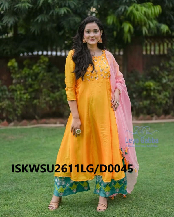 Embroidered Silk Anarkali Kurti With Printed Pant And Dupatta-ISKWSU2611LG/D0045